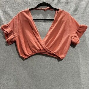 Boho Wrap Crop Top Ruffle Sleeve Open Back Terracotta Rust M